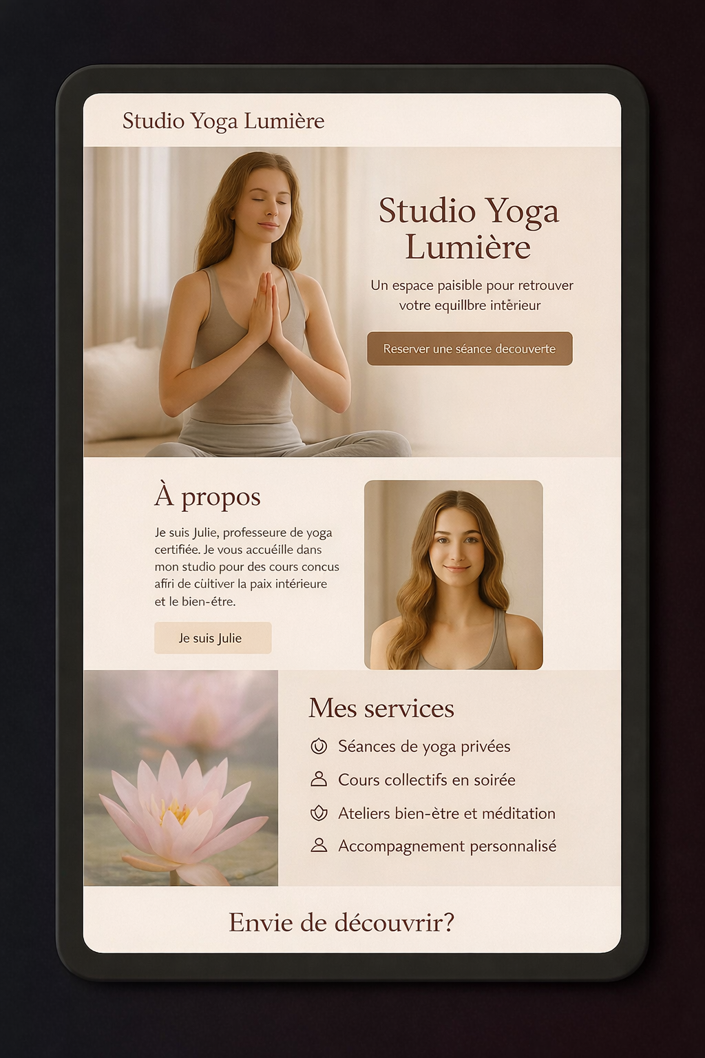 Mockup du site Studio Yoga Lumière